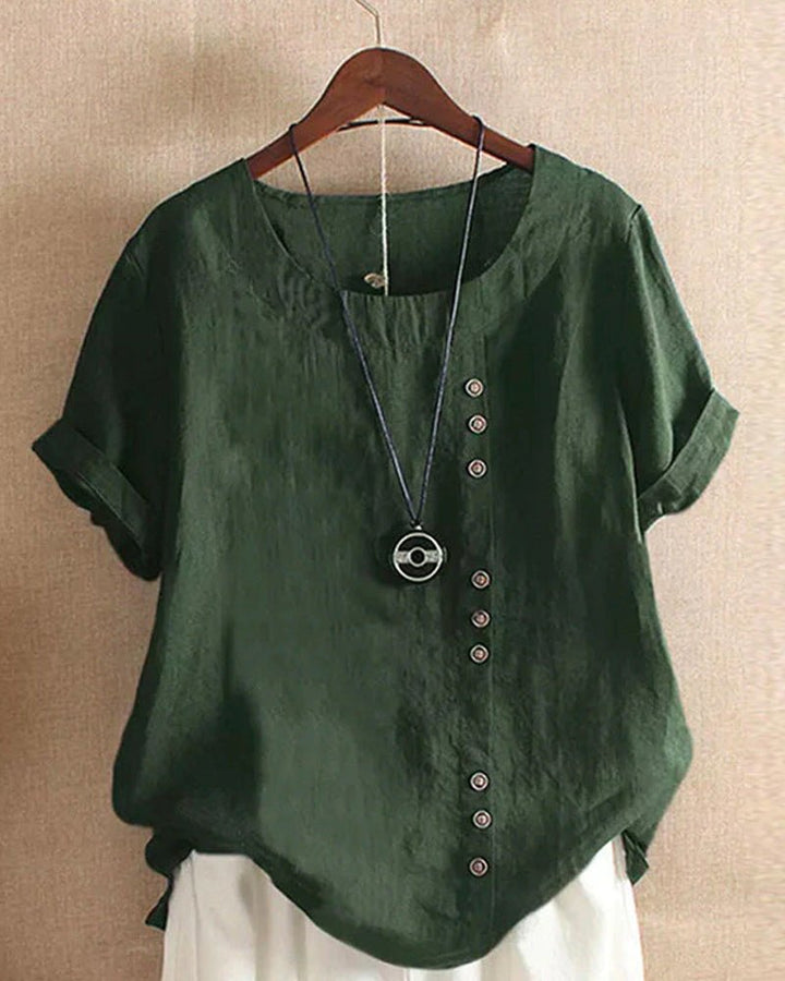 Women's Linen Button Front Crew Neck Short Sleeve Top