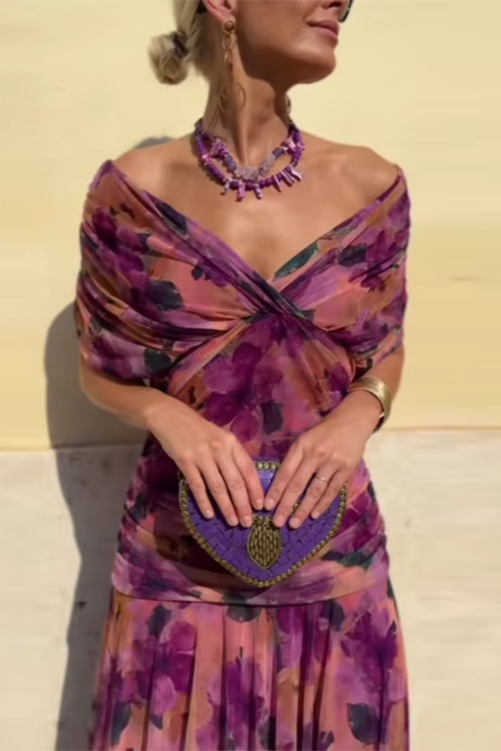 Women's V-Neck Maxi Dress with Pleated Waist