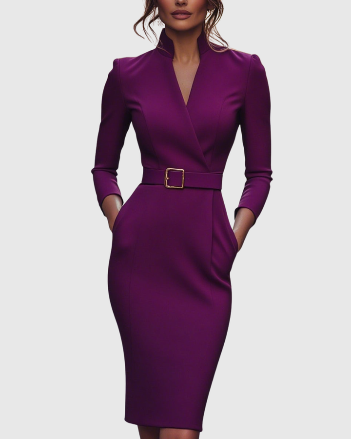 Women's Belted Pencil Midi Dress Long Sleeve V-Neck