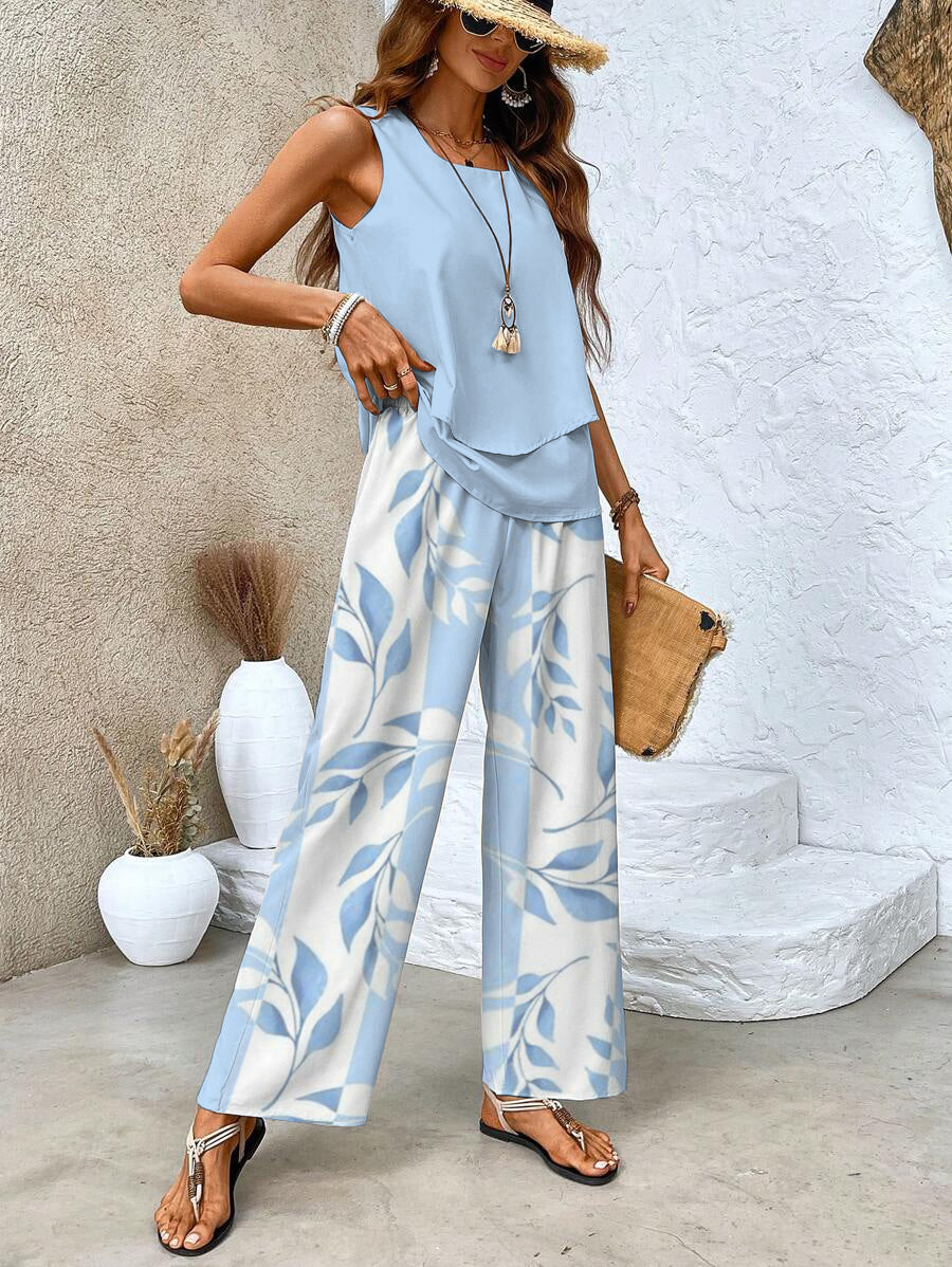 Women's Sleeveless Tank Top Wide Leg Pants Two Piece Set