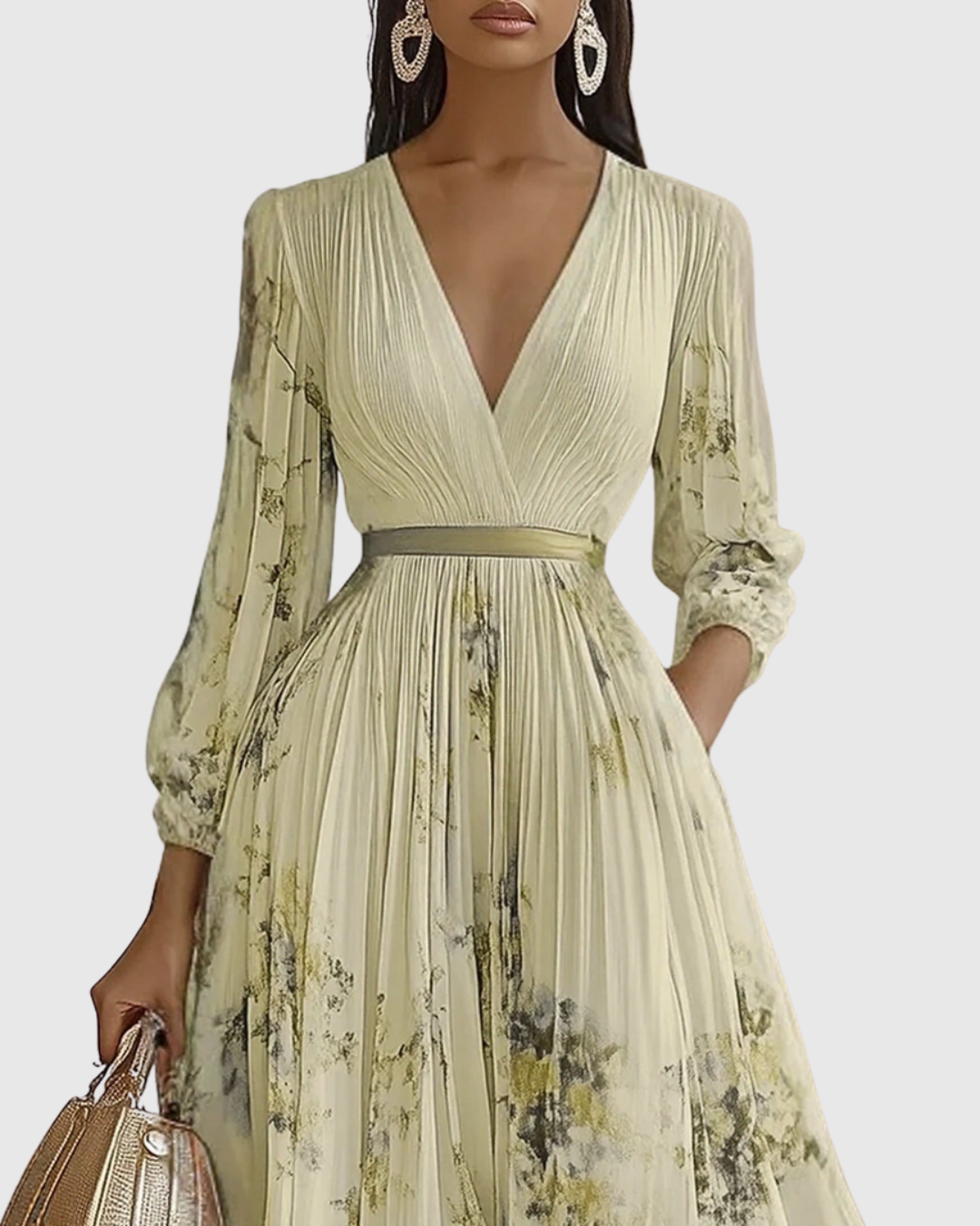 Women's Floral V-Neck Pleated Maxi Dress Ribbon Waist