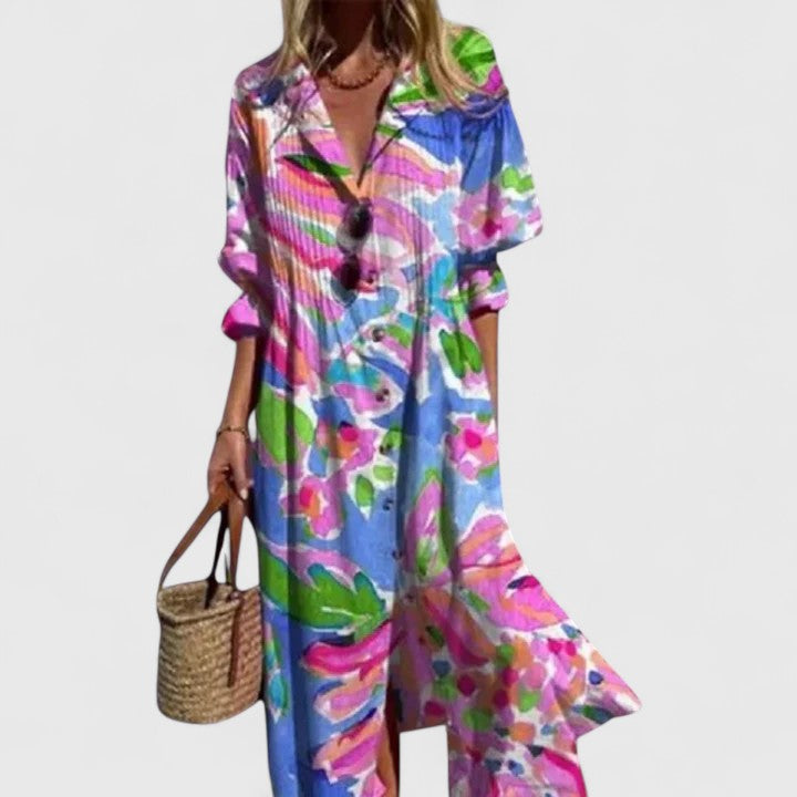Women's Boho Print Button Down Maxi Shirt Dress