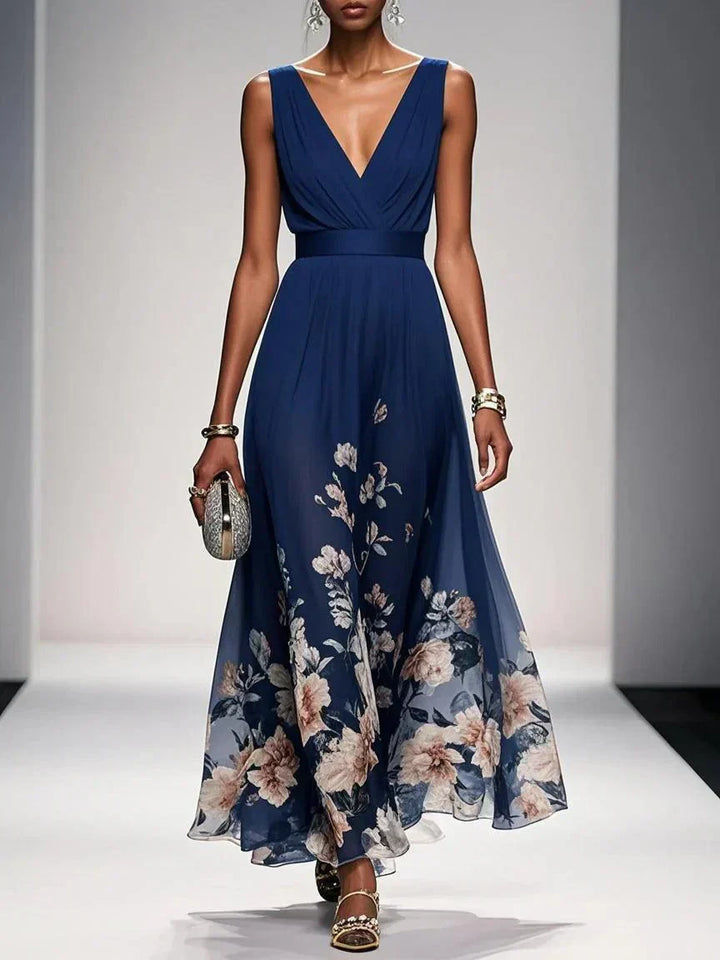 Women's Floral Print V-Neck Wedding Guest Maxi Dress