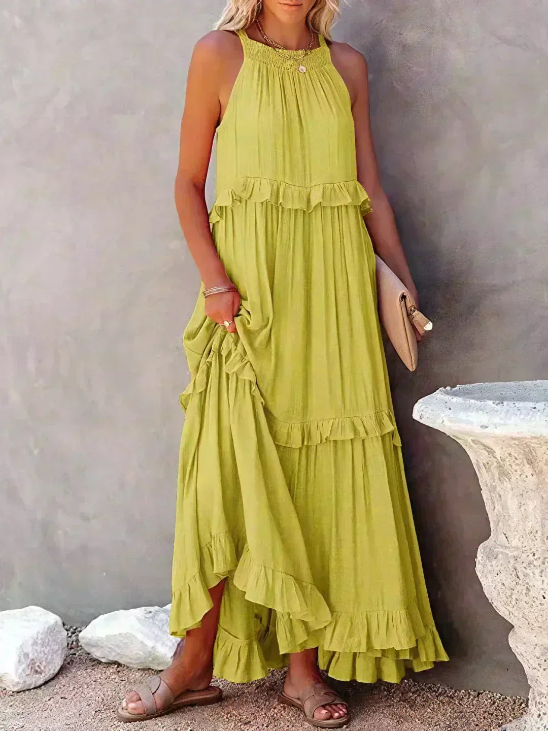 Women's Sleeveless Ruffle Maxi Dress with Halter Neck