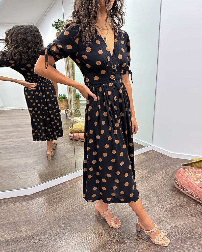 Women's Polka Dot V-Neck Midi Dress with Belt