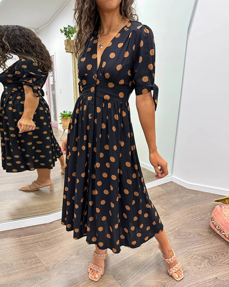 Women's Polka Dot V-Neck Midi Dress with Belt