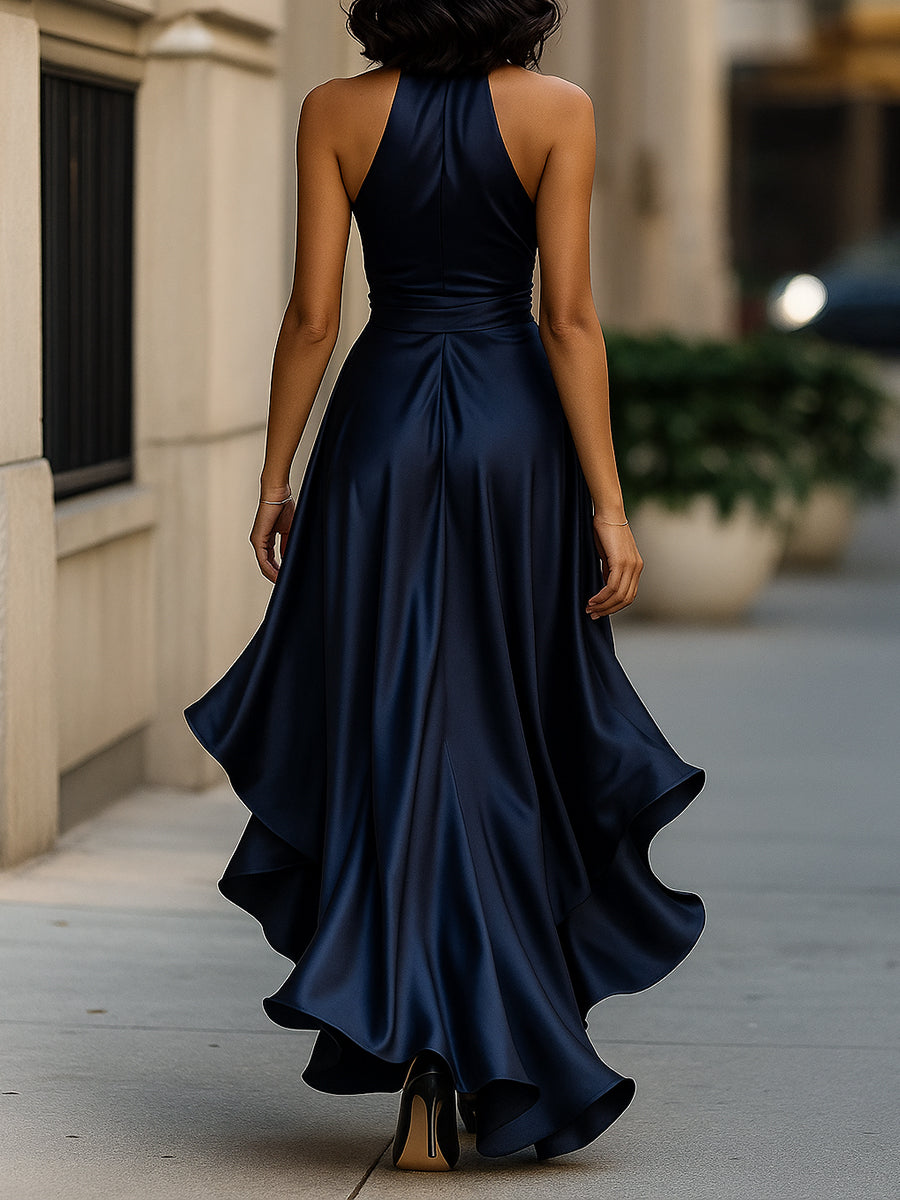 Women's Satin Halter Neck Ruffle Gown with High-Low Hem