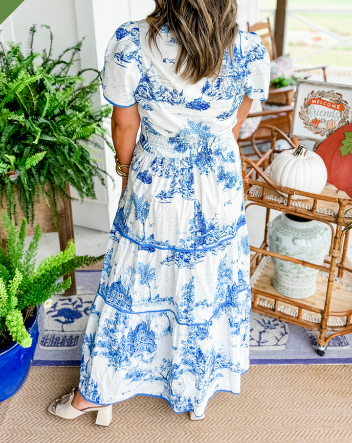 Women's Toile Print Tiered Maxi Dress with Smocked Waist