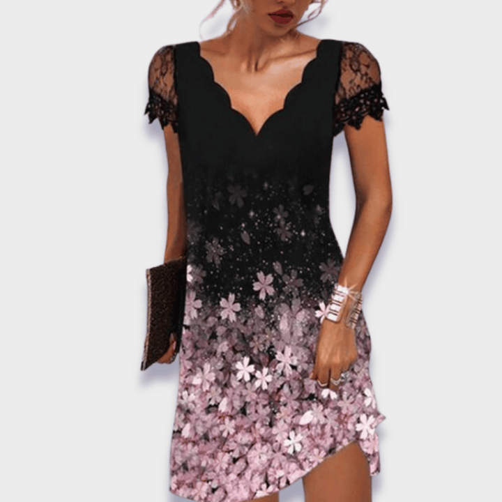 Women's Lace Floral V-Neck Short Sleeve Midi Dress