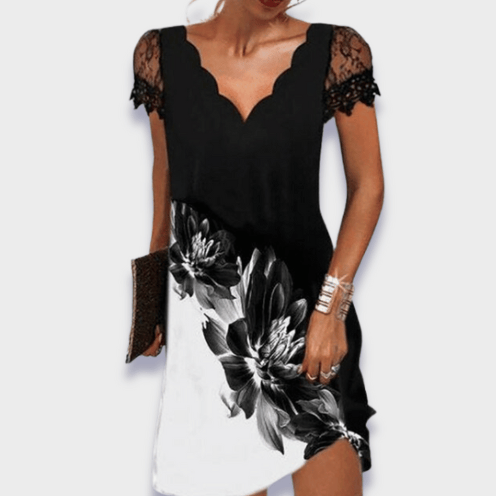 Women's Lace Floral V-Neck Short Sleeve Midi Dress