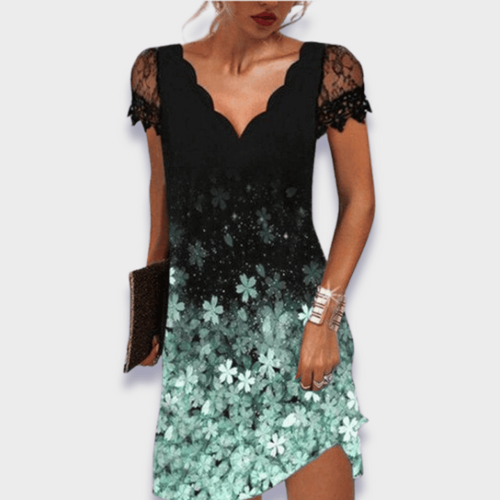 Women's Lace Floral V-Neck Short Sleeve Midi Dress