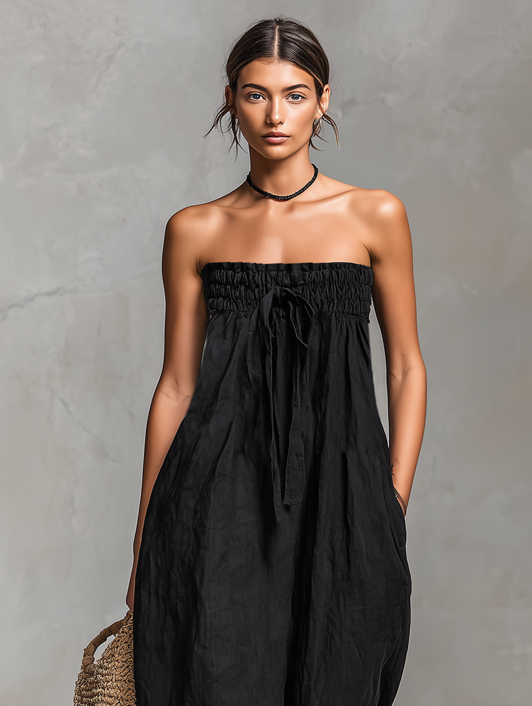 Women's Linen Strapless Jumpsuit Loose Fit Tie Closure