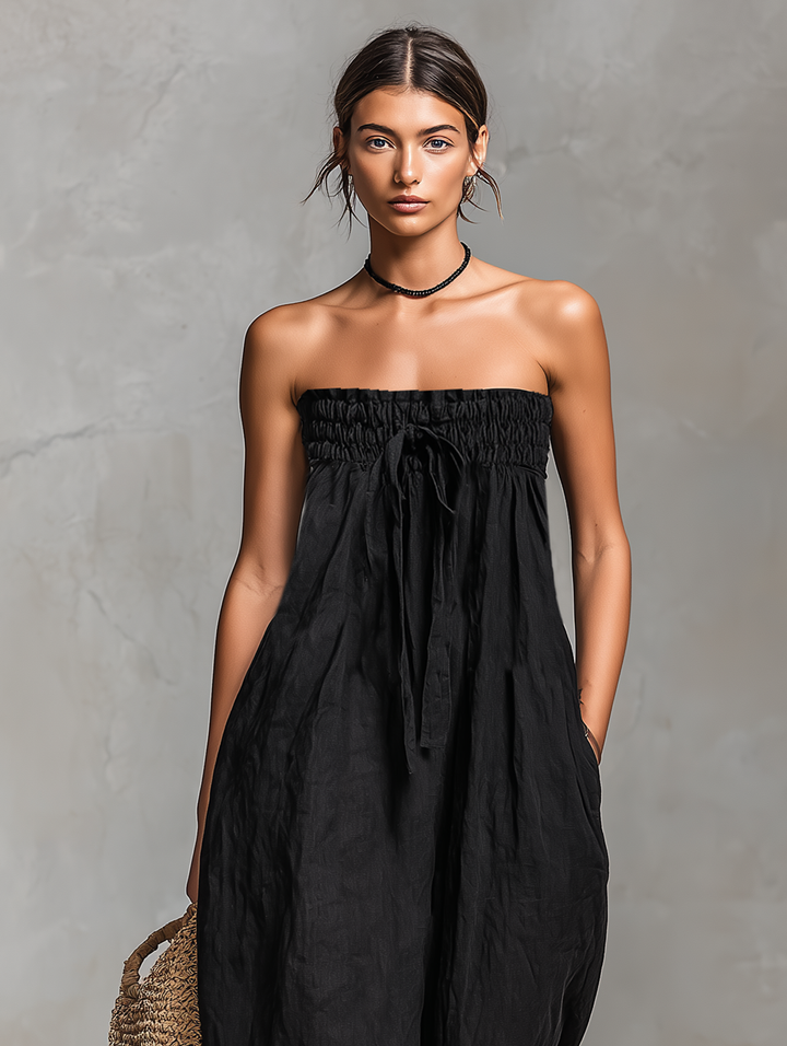 Women's Linen Strapless Jumpsuit Loose Fit Tie Closure