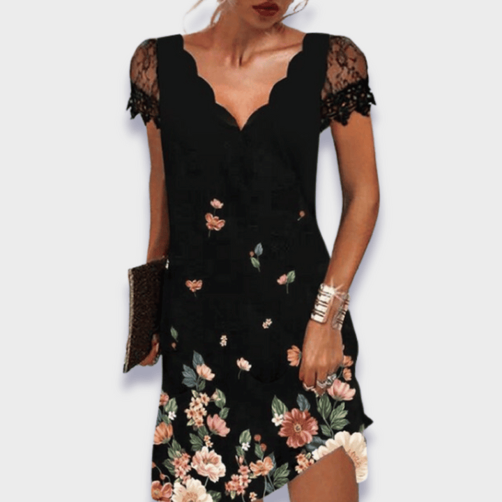 Women's Lace Floral V-Neck Short Sleeve Midi Dress