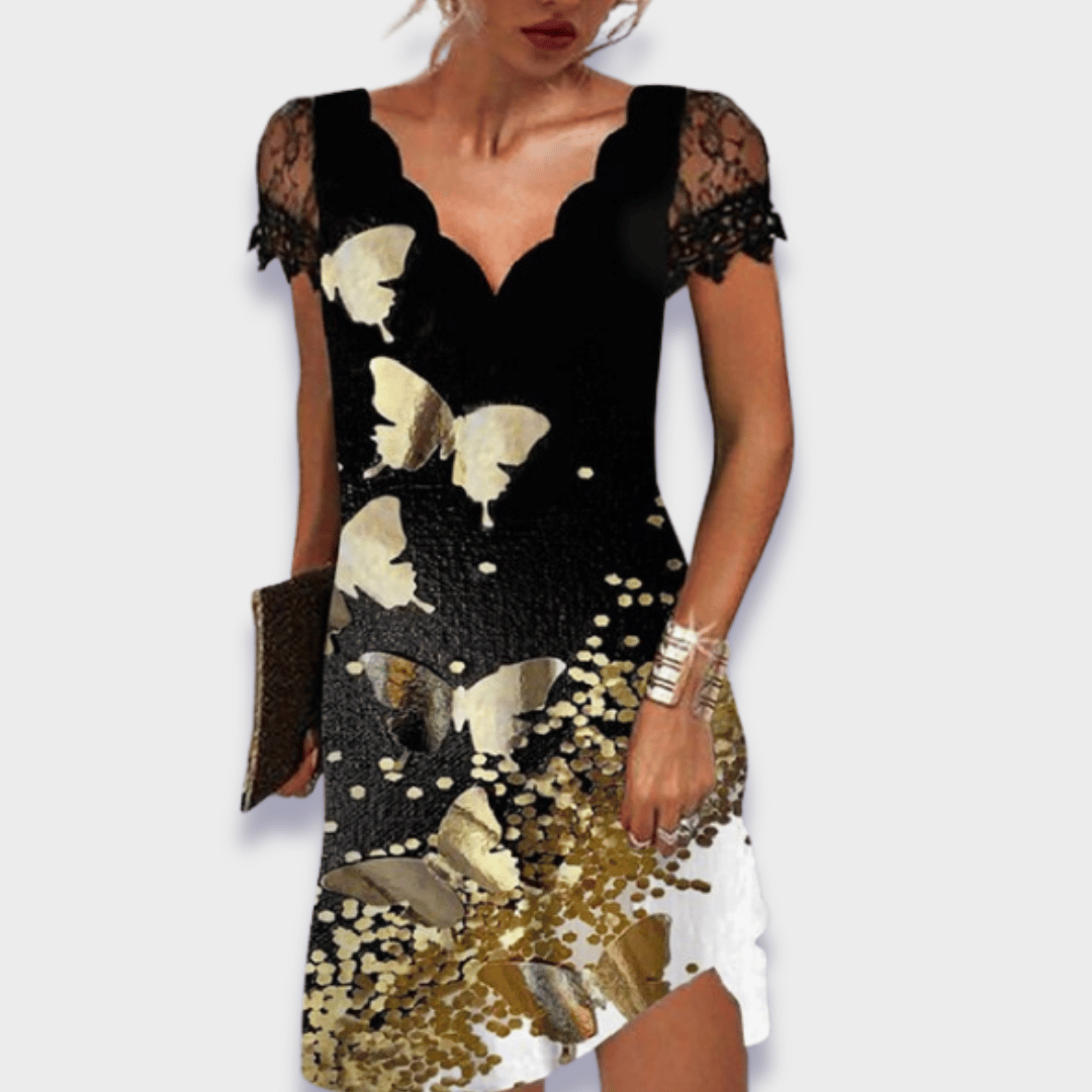 Women's Lace Floral V-Neck Short Sleeve Midi Dress