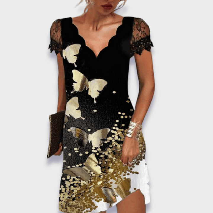Women's Lace Floral V-Neck Short Sleeve Midi Dress