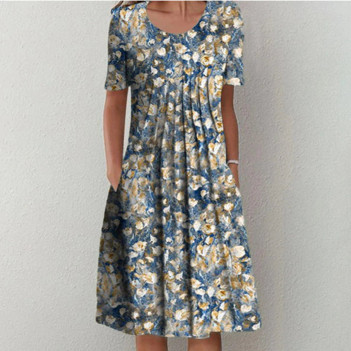 Women's Floral Midi Dress Short Sleeve Round Neck Pockets