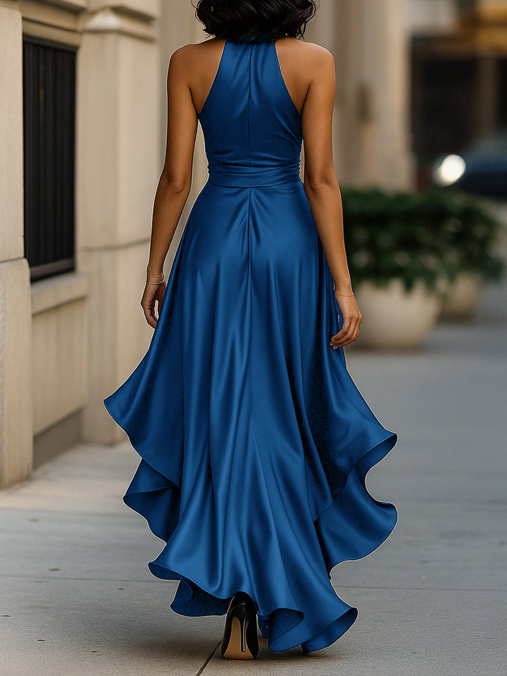 Women's Satin Halter Neck Ruffle Gown with High-Low Hem