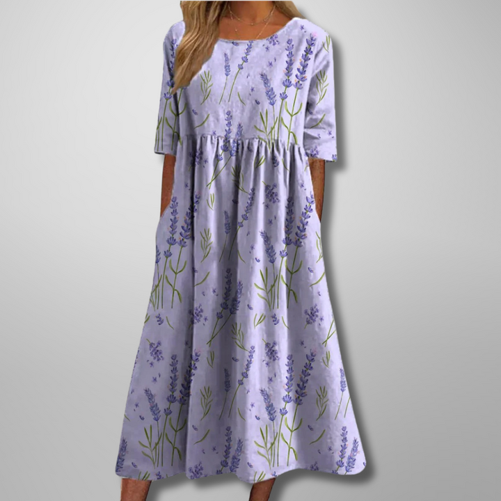 Women's Floral Print Round Neck Flowy Midi Dress