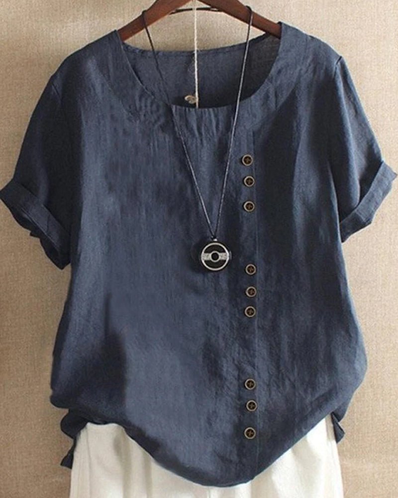 Women's Linen Button Front Crew Neck Short Sleeve Top