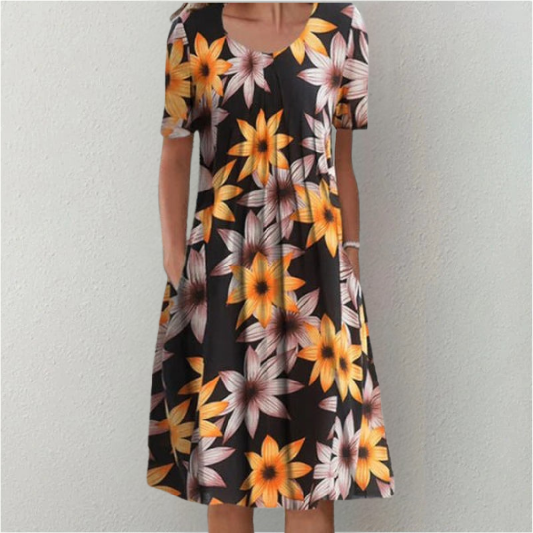 Women's Floral Midi Dress Short Sleeve Round Neck Pockets