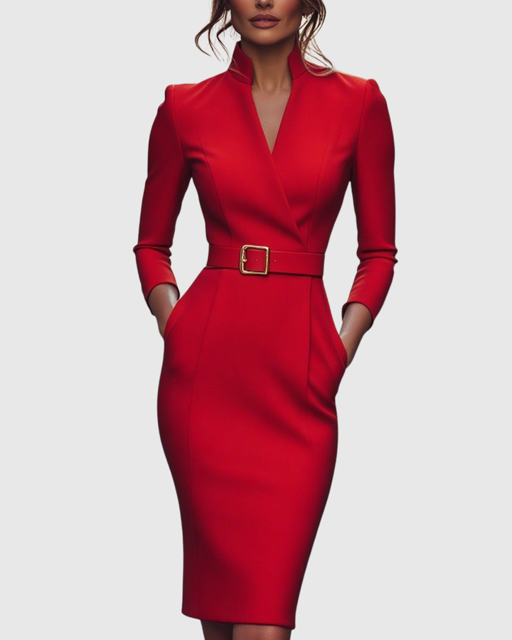 Women's Belted Pencil Midi Dress Long Sleeve V-Neck