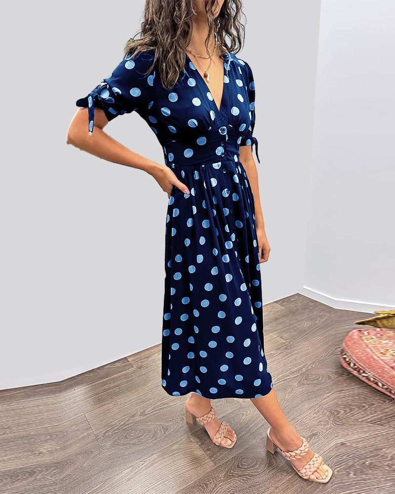 Women's Polka Dot V-Neck Midi Dress with Belt