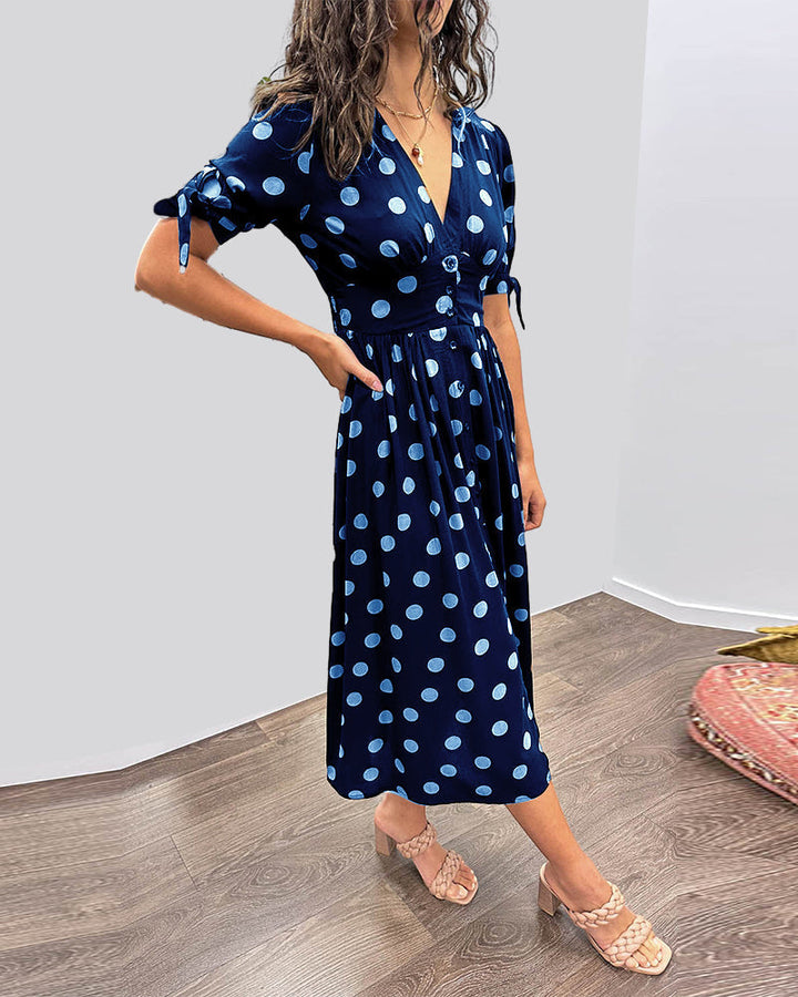 Women's Polka Dot V-Neck Midi Dress with Belt