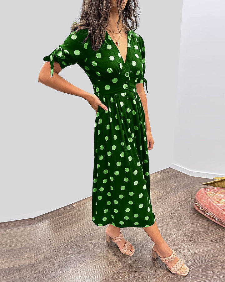 Women's Polka Dot V-Neck Midi Dress with Belt