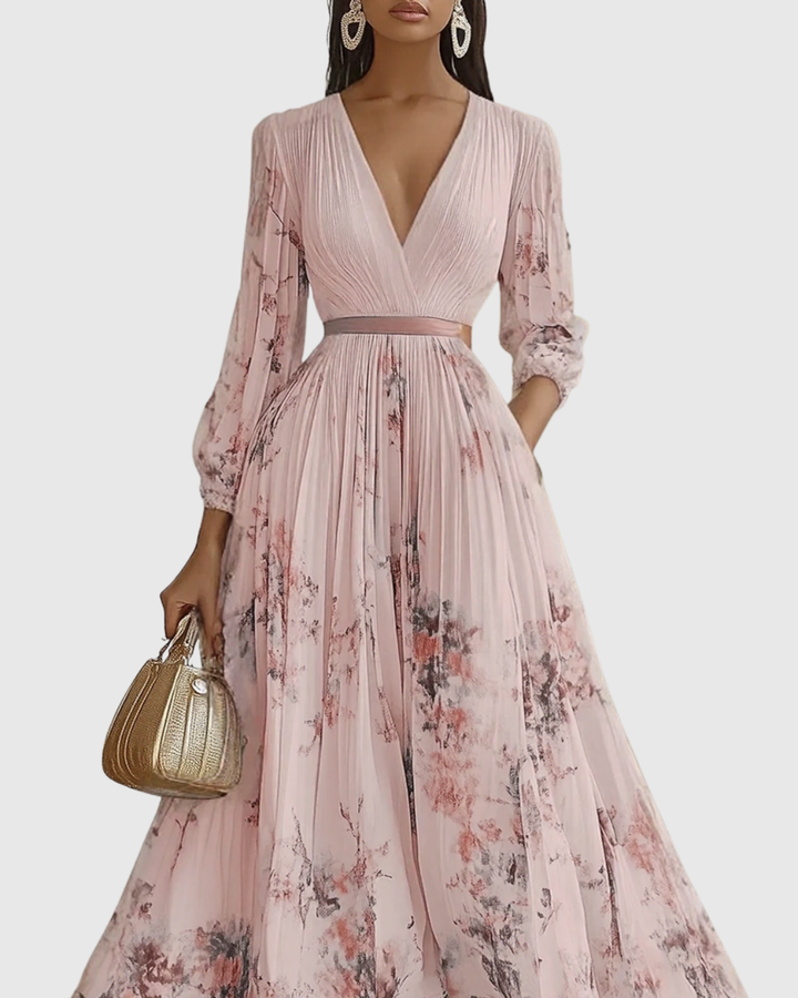 Women's Floral V-Neck Pleated Maxi Dress Ribbon Waist