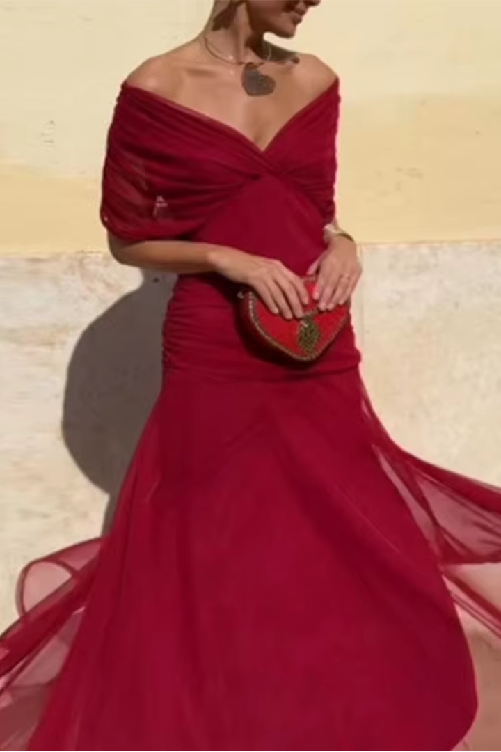 Women's V-Neck Maxi Dress with Pleated Waist
