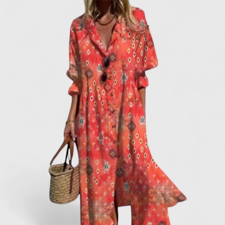 Women's Boho Print Button Down Maxi Shirt Dress