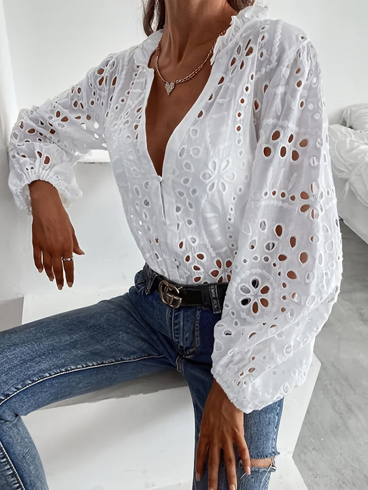 Women's Embroidered Eyelet Blouse with Long Sleeves
