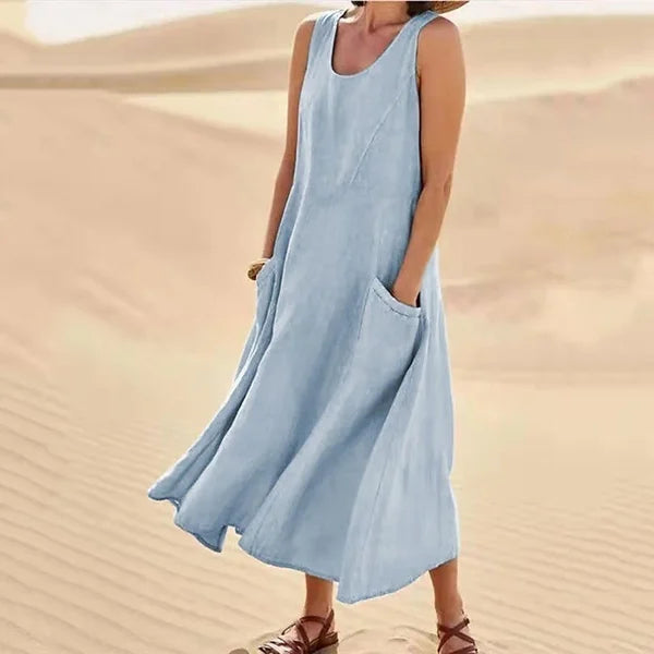 Women's Sleeveless Linen Maxi Dress with Side Pockets