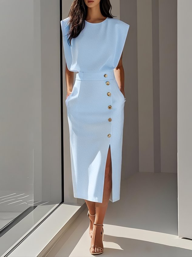 Women's Sleeveless Midi Dress Button Detail Side Split
