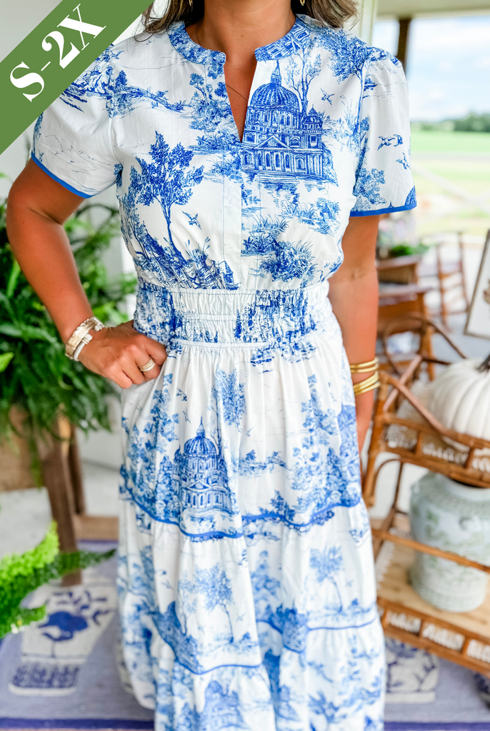 Women's Toile Print Tiered Maxi Dress with Smocked Waist