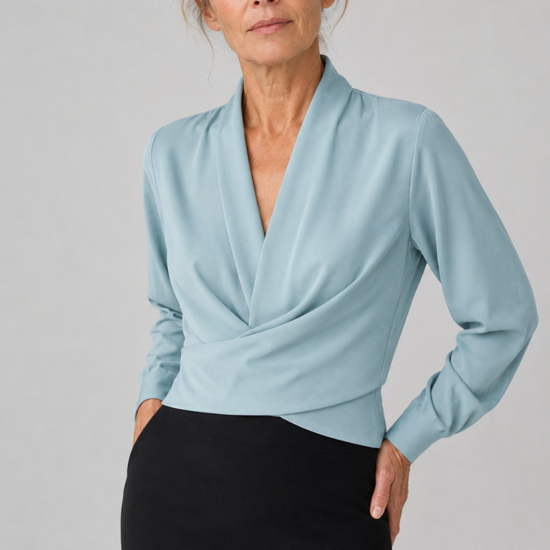 Women's Satin Wrap Blouse V-Neck Long Sleeve Top