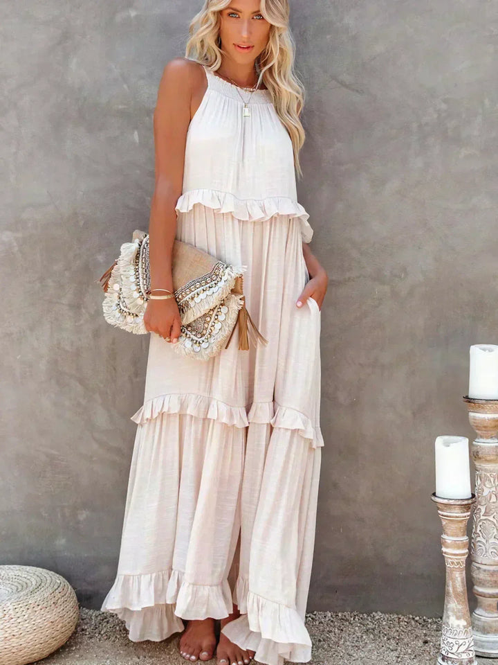 Women's Sleeveless Ruffle Maxi Dress with Halter Neck