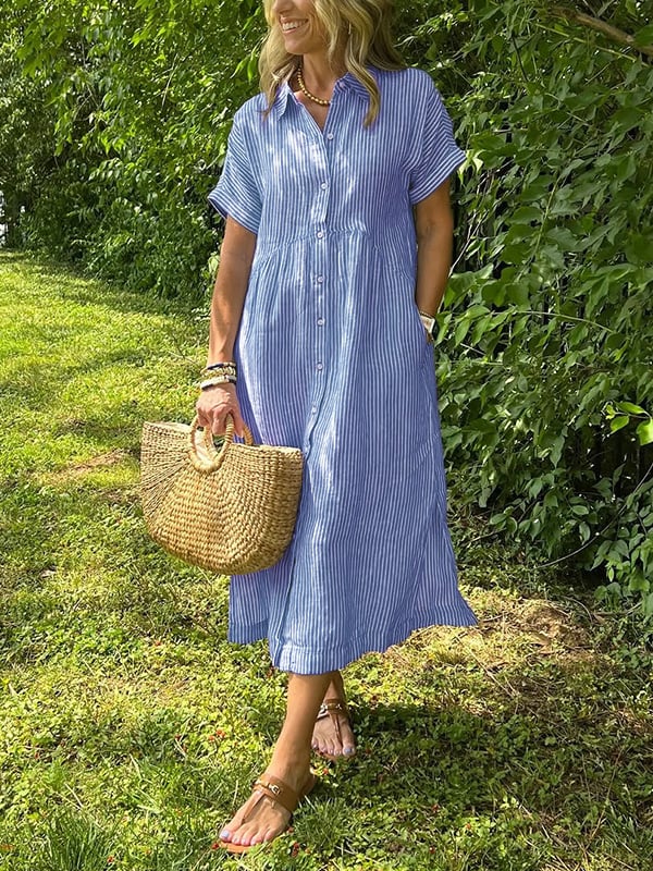 Women's Striped Button Front Midi Shirt Dress Short Sleeve