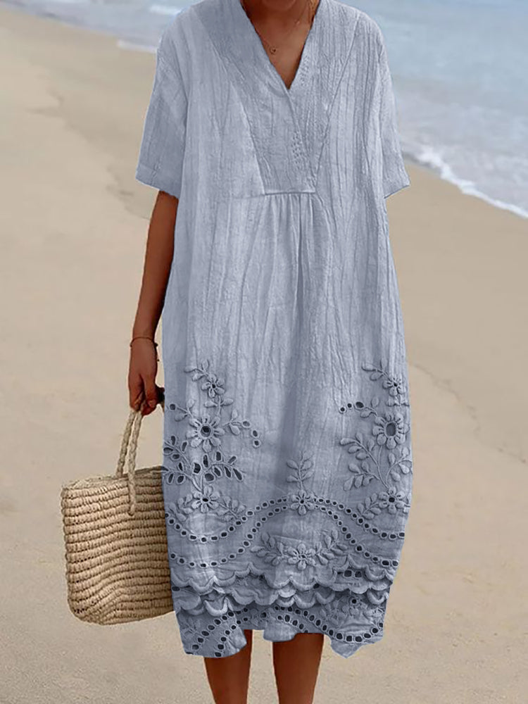 Women's V-Neck Lace Hem Short Sleeve Midi Dress