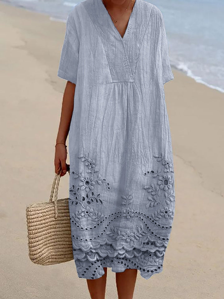 Women's V-Neck Lace Hem Short Sleeve Midi Dress