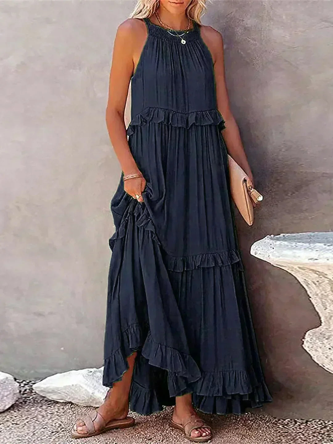 Women's Sleeveless Ruffle Maxi Dress with Halter Neck