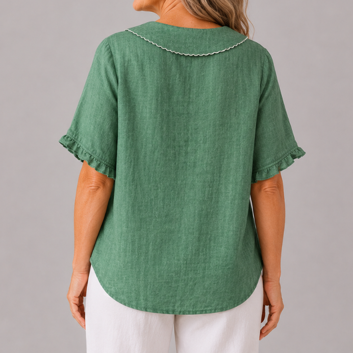 Women's Short Sleeve Blouse with Peter Pan Collar and Ruffle Sleeve Detail