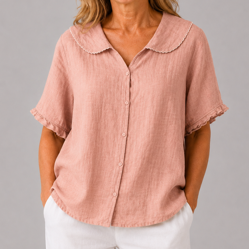 Women's Short Sleeve Blouse with Peter Pan Collar and Ruffle Sleeve Detail