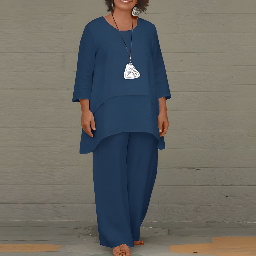 Women's Linen 3/4 Sleeve Top Wide Leg Pants Lounge Set