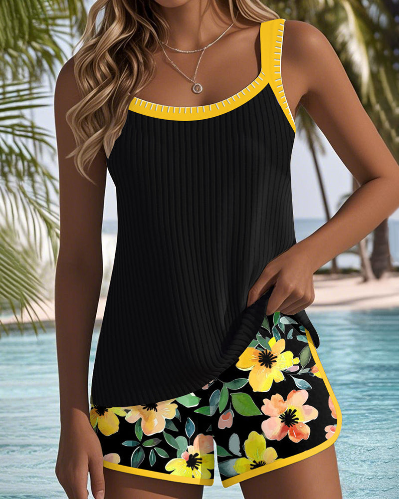 Women's Tummy Control Tankini Set Floral Shorts Swim