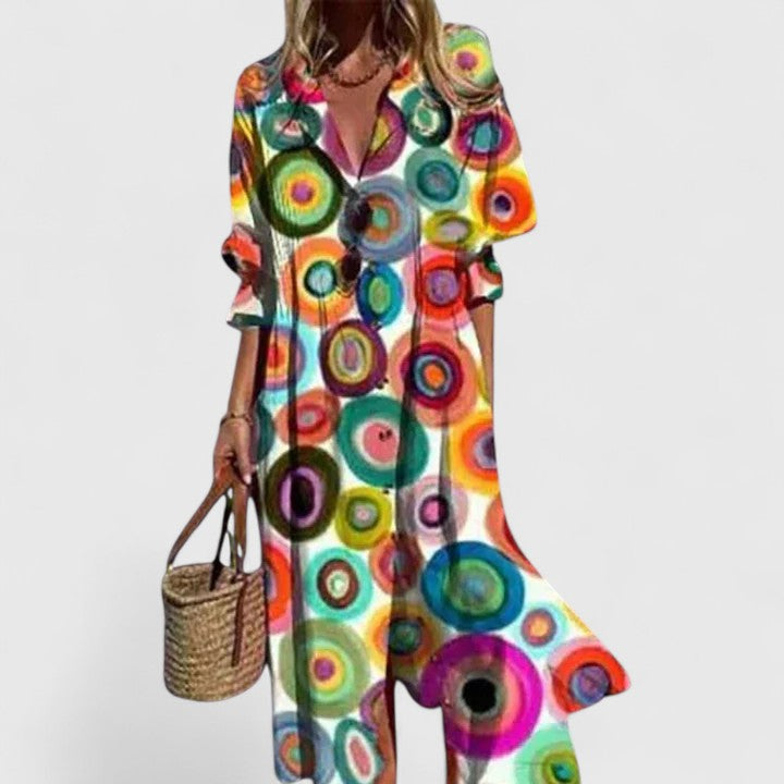 Women's Boho Print Button Down Maxi Shirt Dress