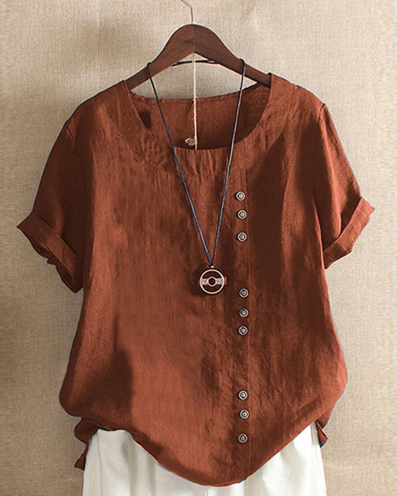 Women's Linen Button Front Crew Neck Short Sleeve Top