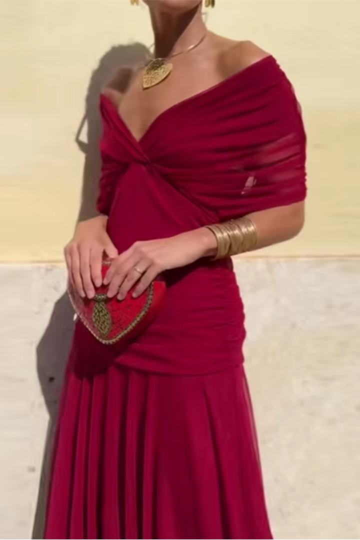 Women's V-Neck Maxi Dress with Pleated Waist