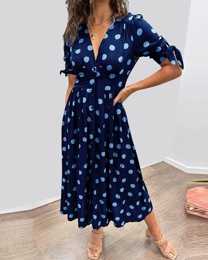 Women's Polka Dot V-Neck Midi Dress with Belt